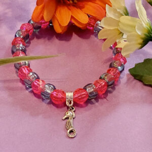 Pink & Blue Beads w/ Sea Horse Charm - Bracelet - Stretchy