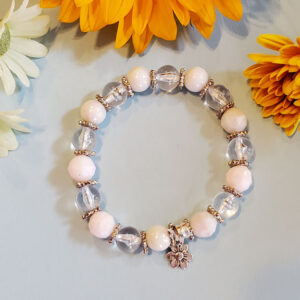 Elegant Blue and Metal Beads w/ Flower Charm - Bracelet - Stretchy