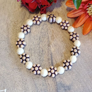 White & Brown Flower Beads - Bracelet - Stretchy